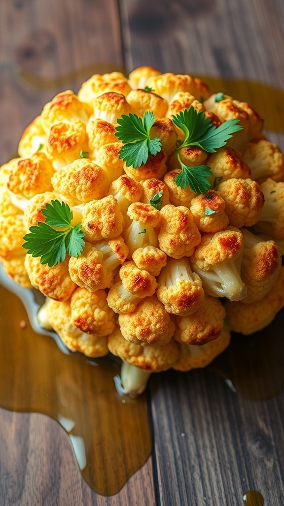 Savory Roasted Cauliflower with Umami Flavor Golden roasted cauliflower florets garnished with parsley on a wooden table.